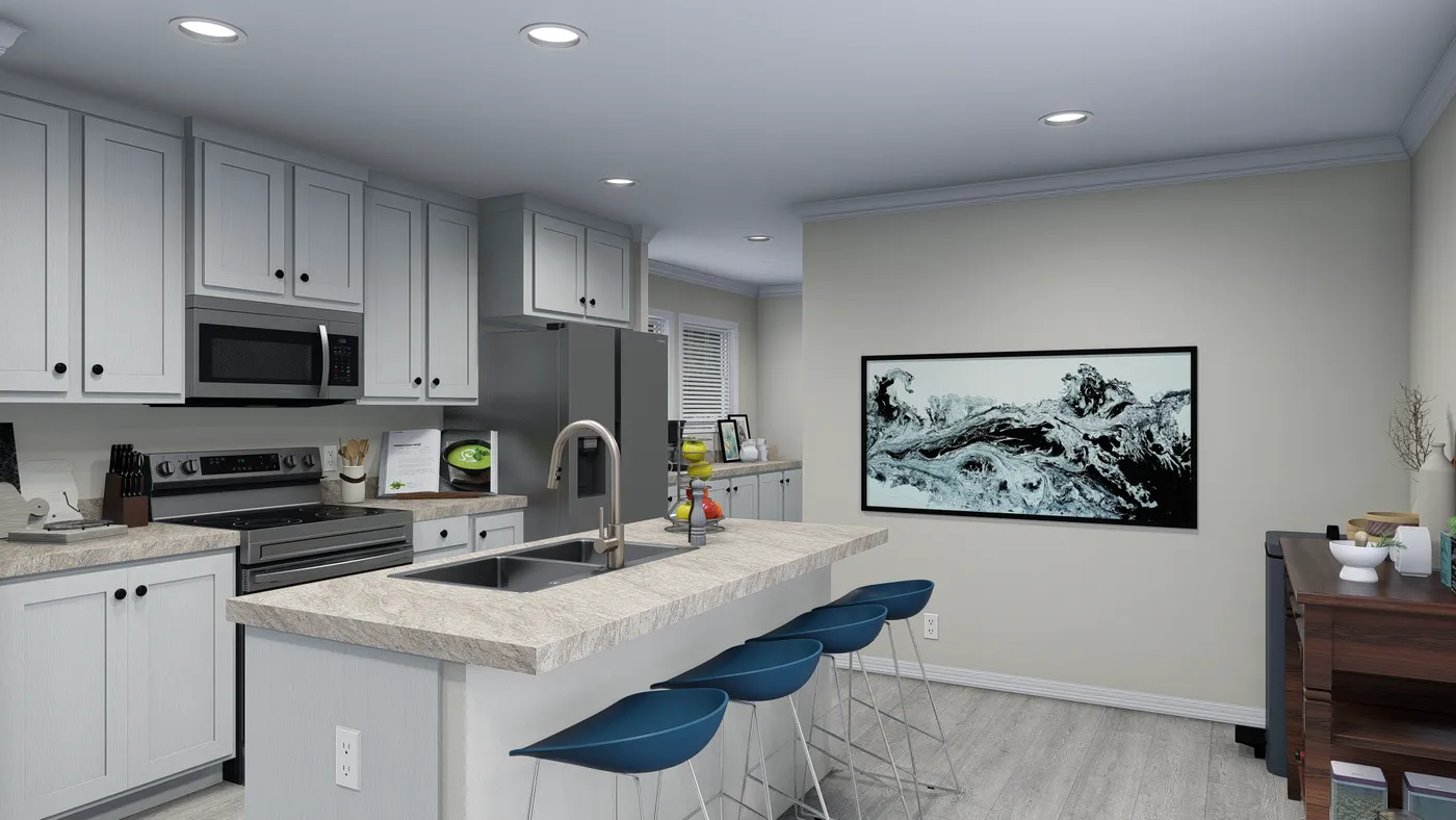 The 5404 "FONTANA" 7616 Kitchen. This Manufactured Mobile Home features 3 bedrooms and 2 baths.