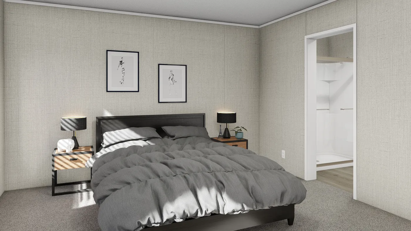The COASTAL BREEZE II 28X56 Primary Bedroom. This Manufactured Mobile Home features 3 bedrooms and 2 baths.