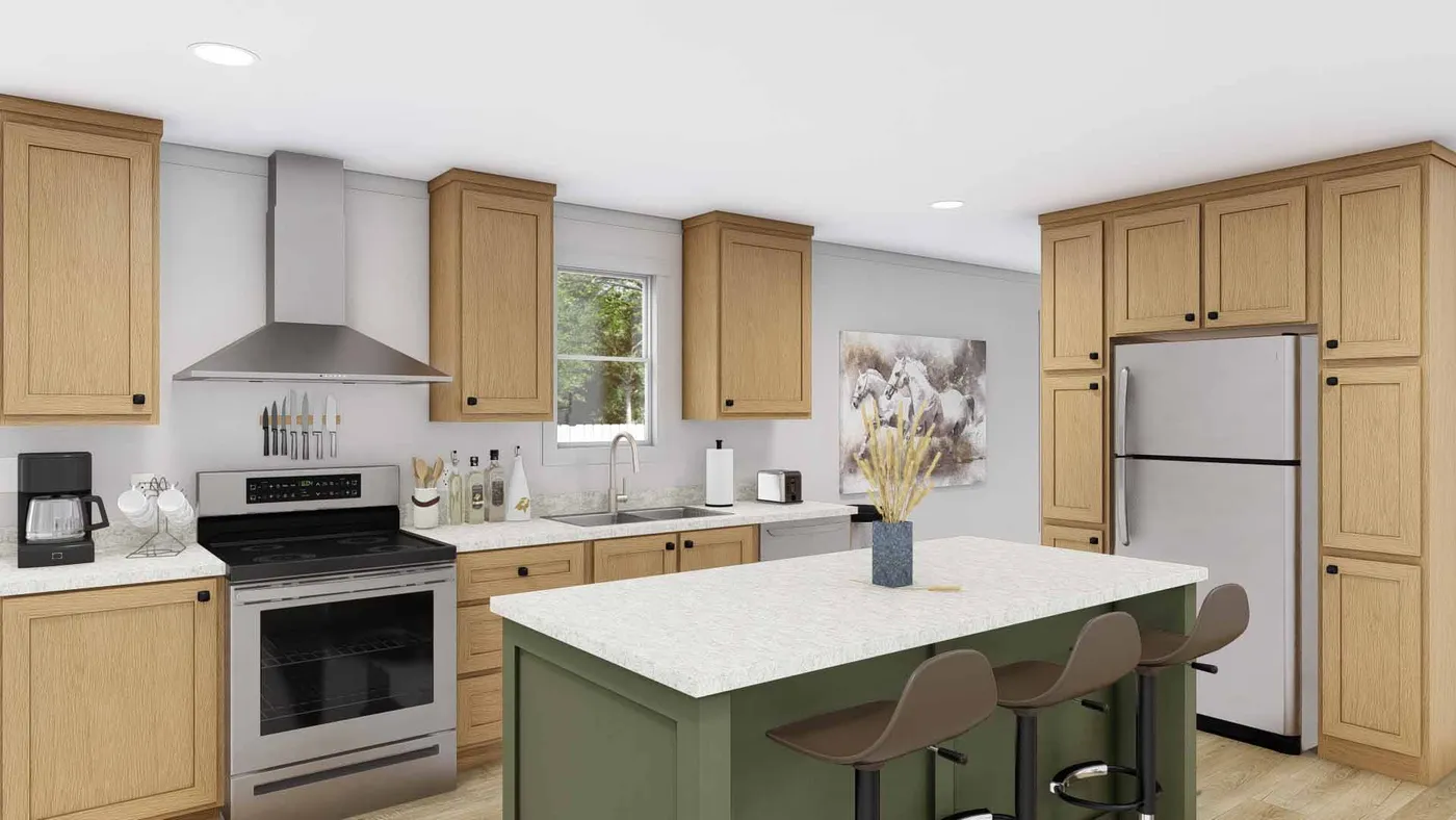 The JOHNNY B GOODE Kitchen. This Modular Home features 3 bedrooms and 2 baths.