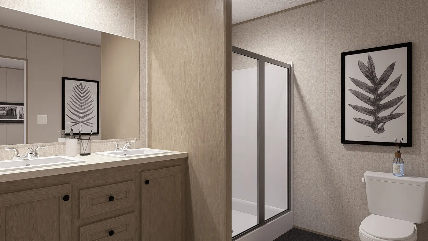 The BLAZER 66 B Primary Bathroom. This Manufactured Mobile Home features 3 bedrooms and 2 baths.