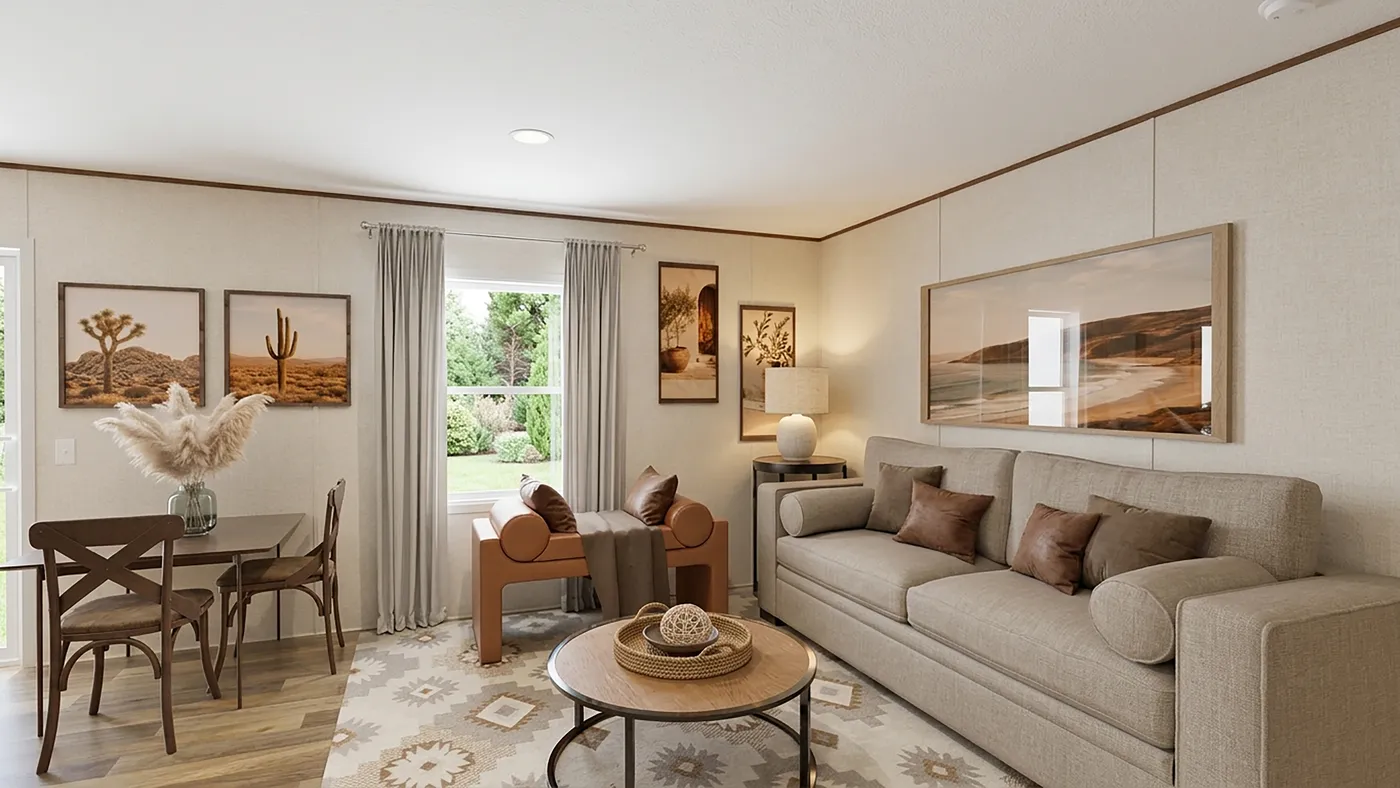 The ASPEN Living Room. This Manufactured Mobile Home features 3 bedrooms and 2 baths.