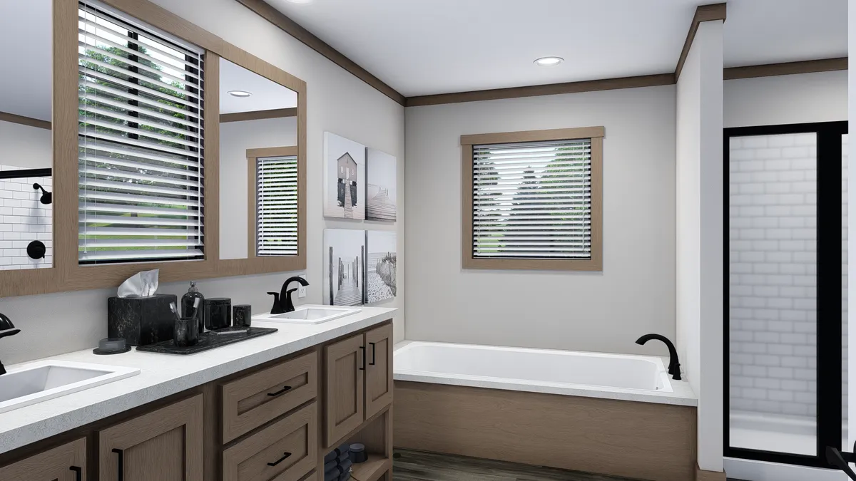 The FARM 3 FLEX Primary Bathroom. This Manufactured Mobile Home features 3 bedrooms and 2 baths.
