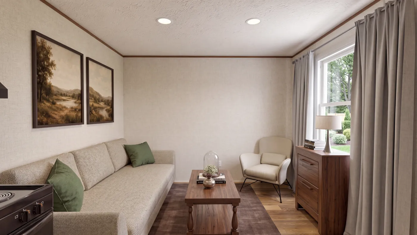 The BUTTERCUP Living Room. This Manufactured Mobile Home features 1 bedroom and 1 bath.