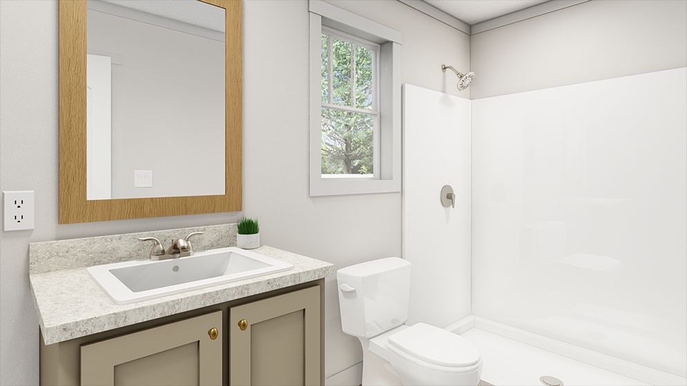 The BORN TO RUN 6016 TEMPO Primary Bathroom. This Manufactured Mobile Home features 2 bedrooms and 2 baths.