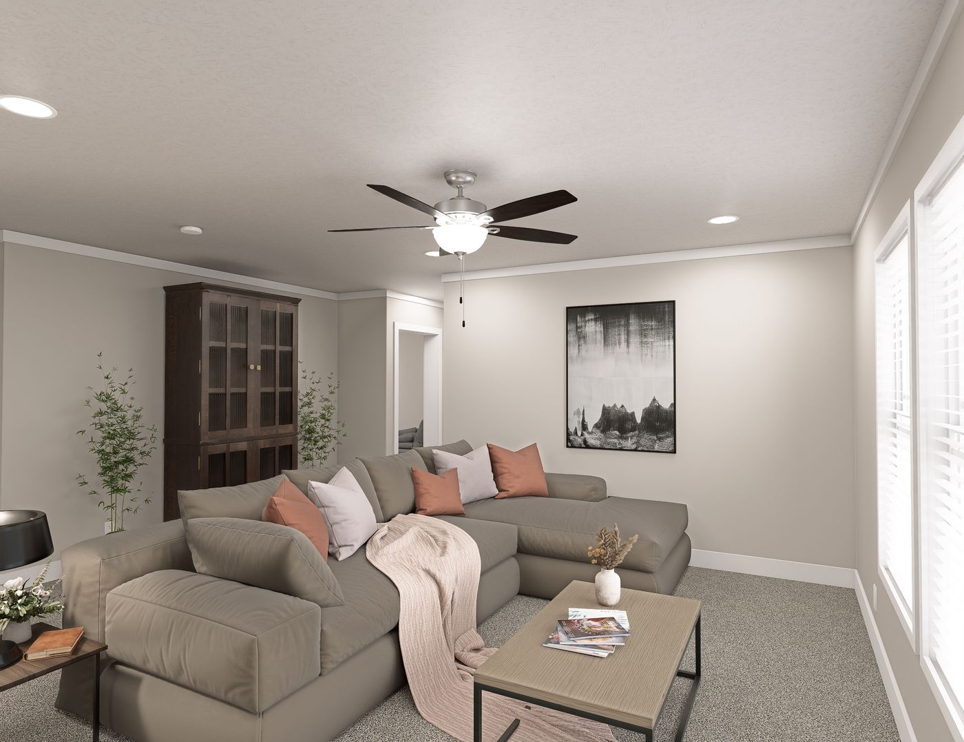 The BROOKLINE FLEX 32 WIDE Family Room. This Manufactured Mobile Home features 4 bedrooms and 3 baths.