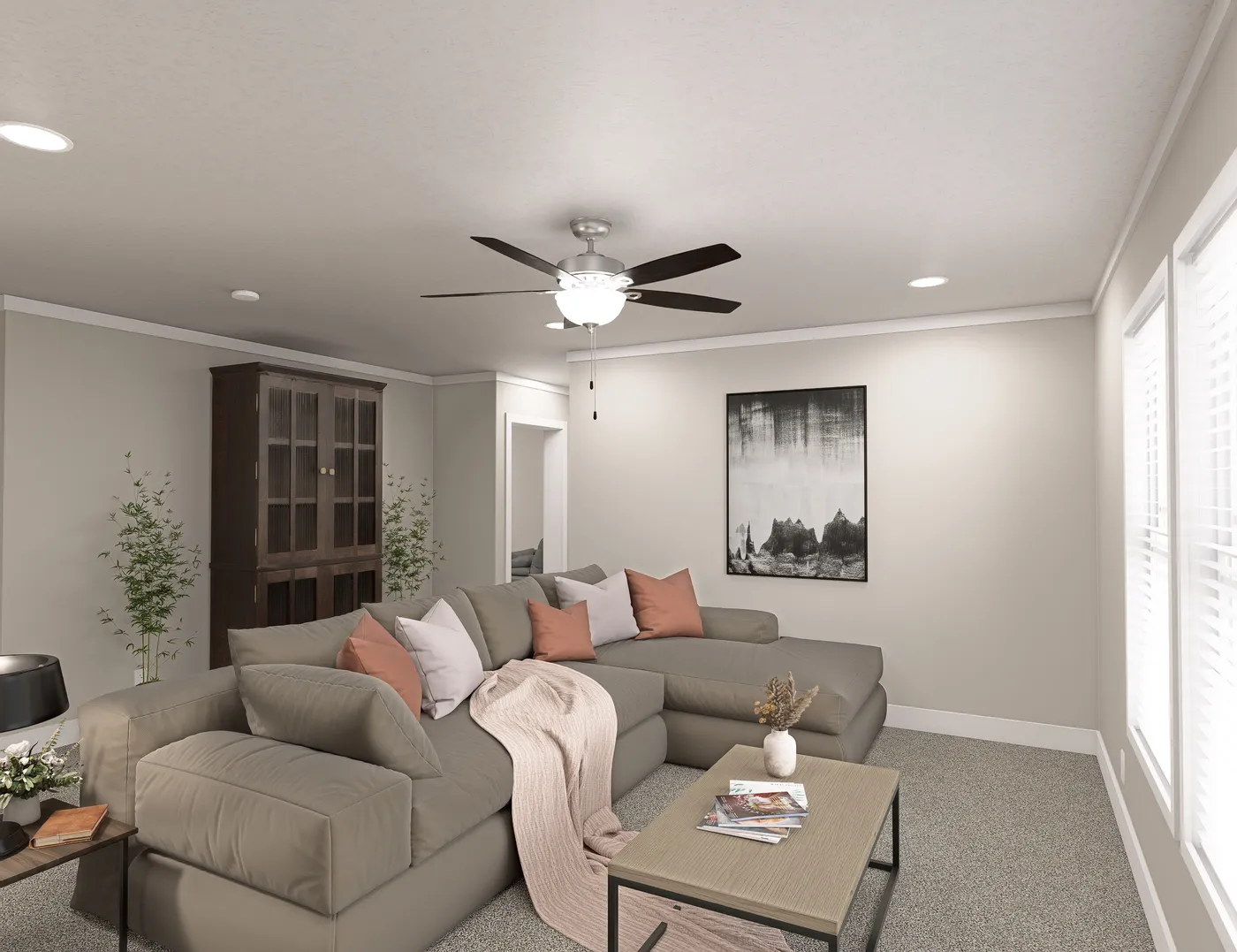 The BROOKLINE FLEX 32 WIDE Family Room. This Manufactured Mobile Home features 4 bedrooms and 3 baths.