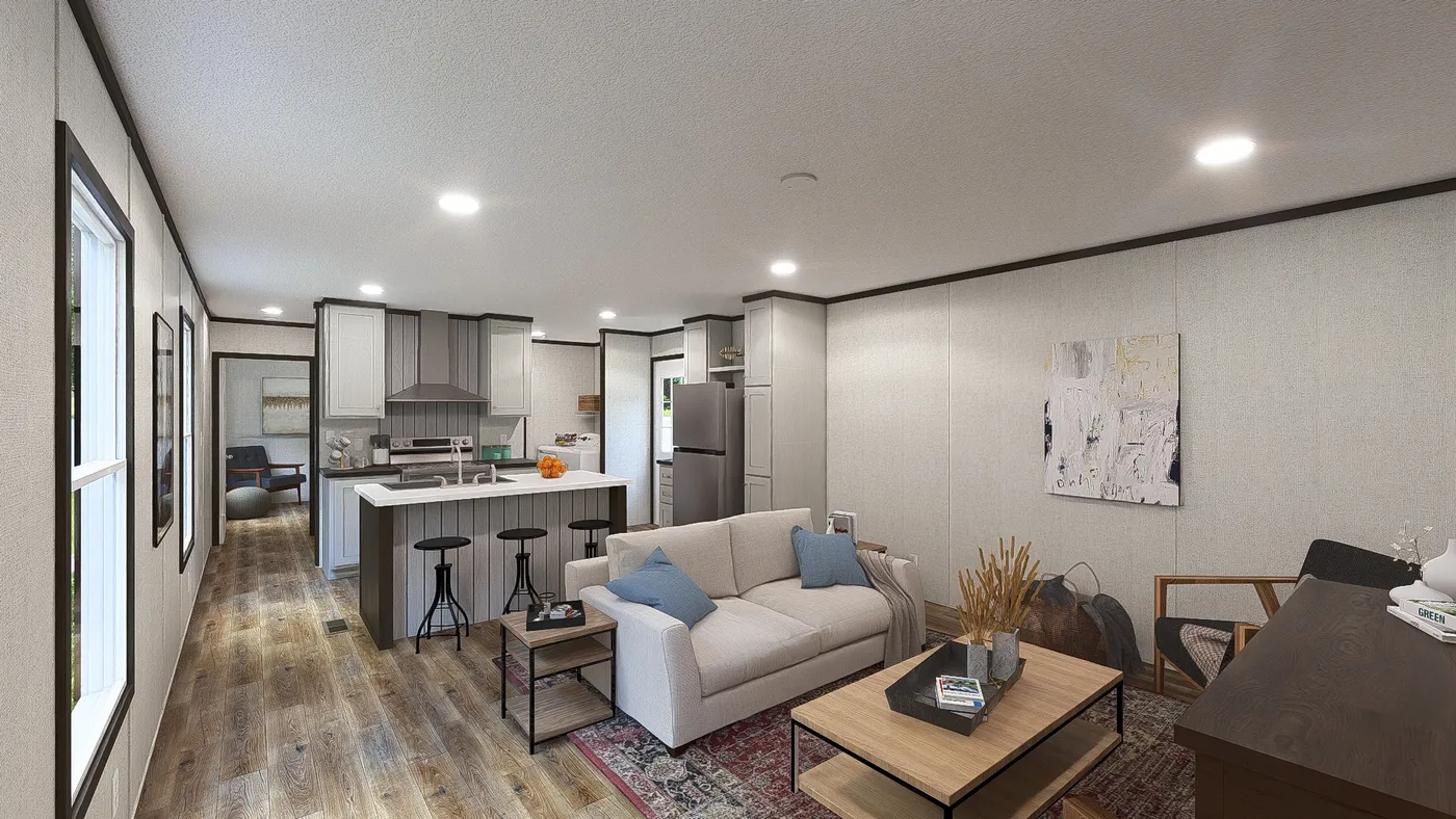 The DYNAMIC Living Room. This Manufactured Mobile Home features 3 bedrooms and 2 baths.