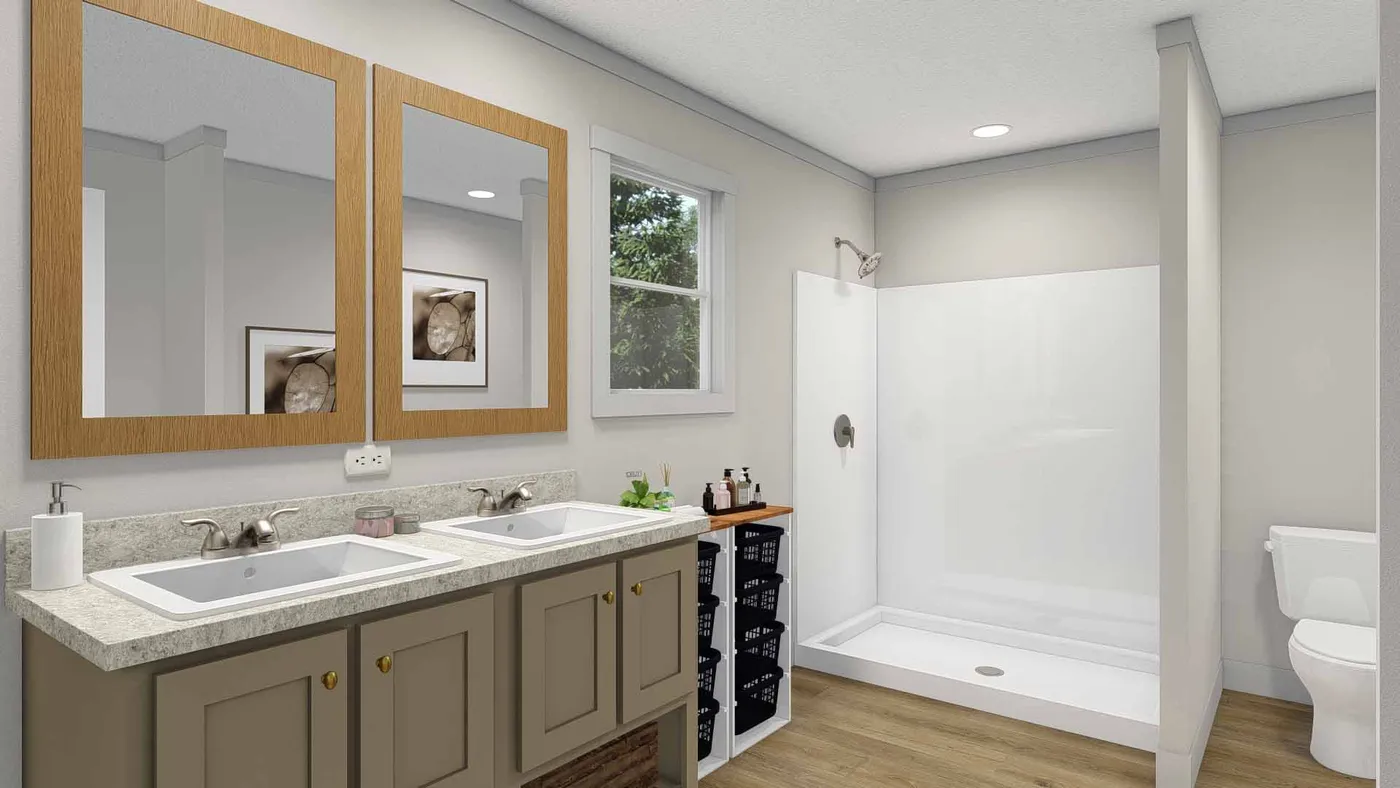 The ROCKET MAN Primary Bathroom. This Manufactured Mobile Home features 3 bedrooms and 2 baths.