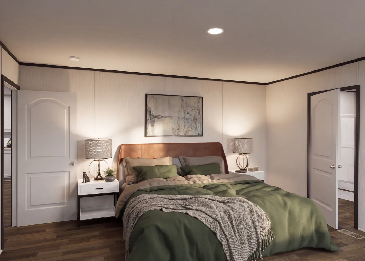 The THE FUSION 32H Primary Bedroom. This Manufactured Mobile Home features 5 bedrooms and 3 baths.