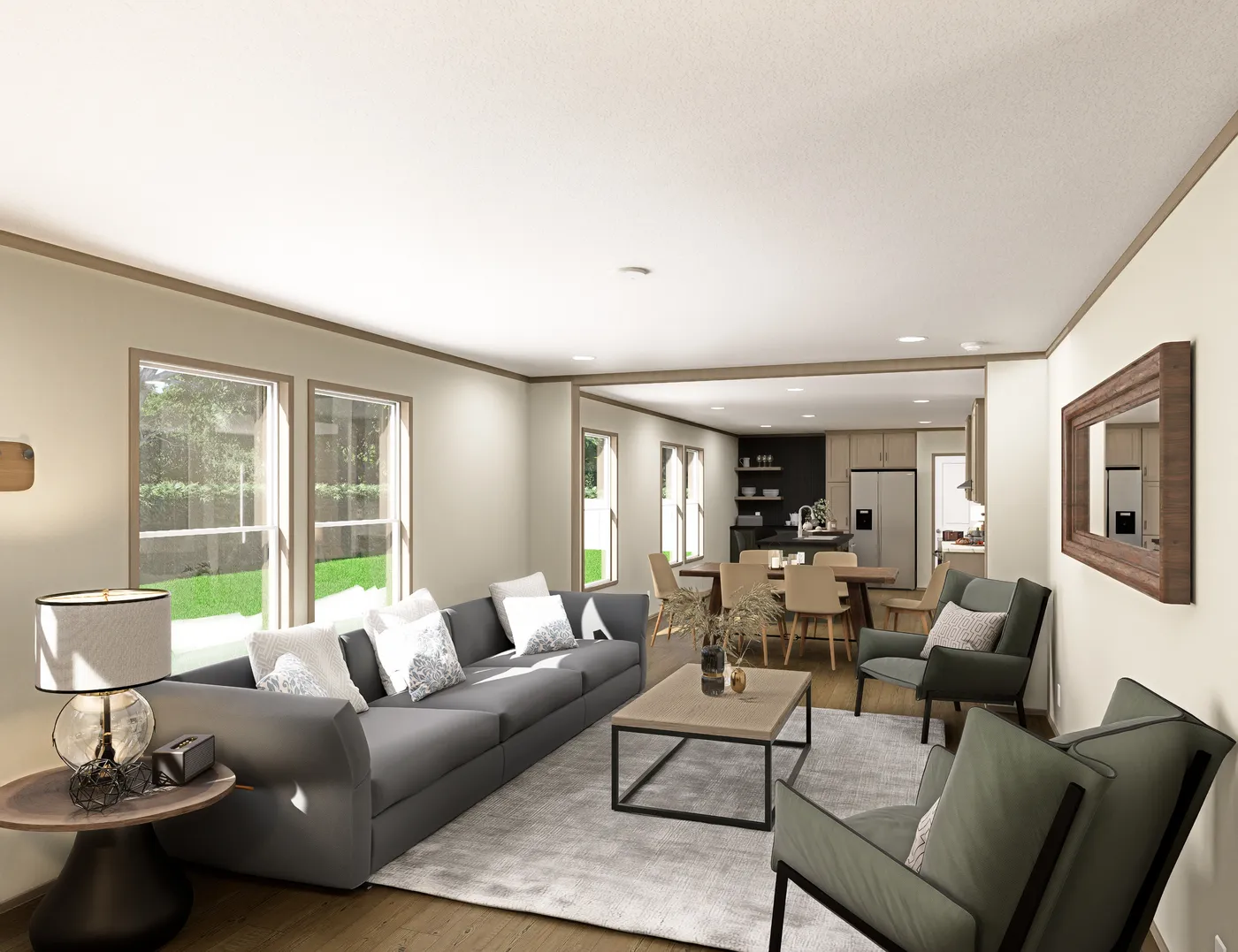 The RAINIER Living Room. This Manufactured Mobile Home features 4 bedrooms and 3 baths.