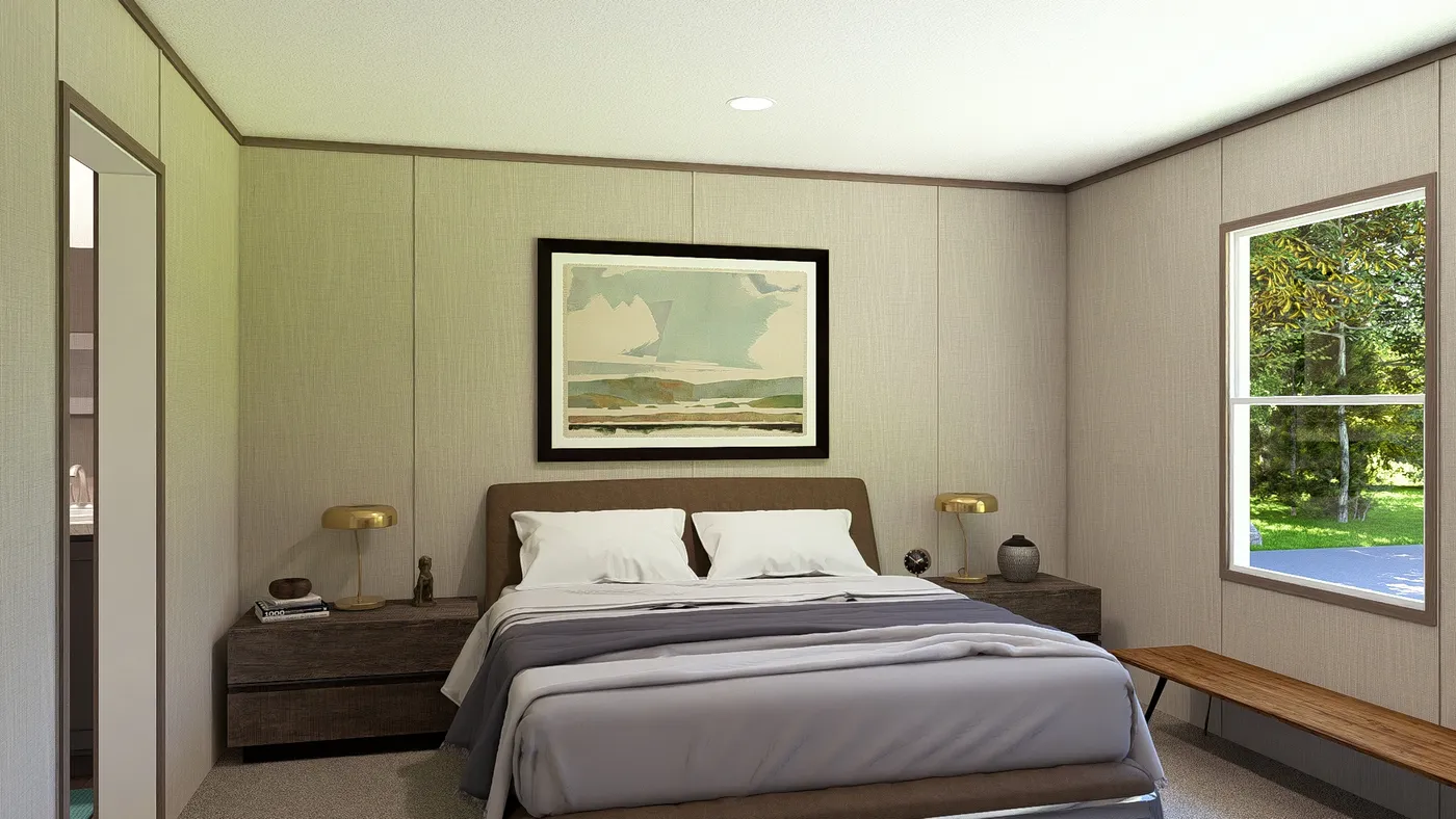 The LEGEND 28X56 4 BR Primary Bedroom. This Manufactured Mobile Home features 4 bedrooms and 2 baths.