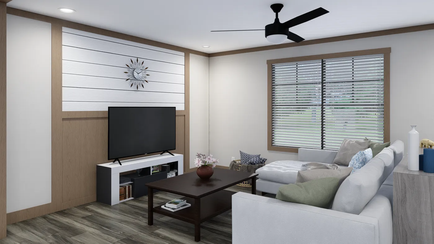 The WILDER Living Room. This Manufactured Mobile Home features 3 bedrooms and 2 baths.