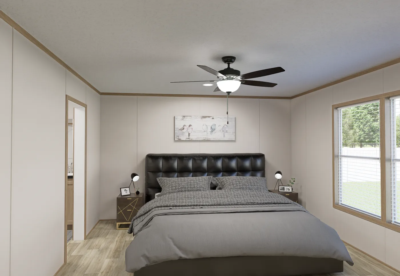 The THE MOUNTAINEER 72 Primary Bedroom. This Manufactured Mobile Home features 3 bedrooms and 2 baths.