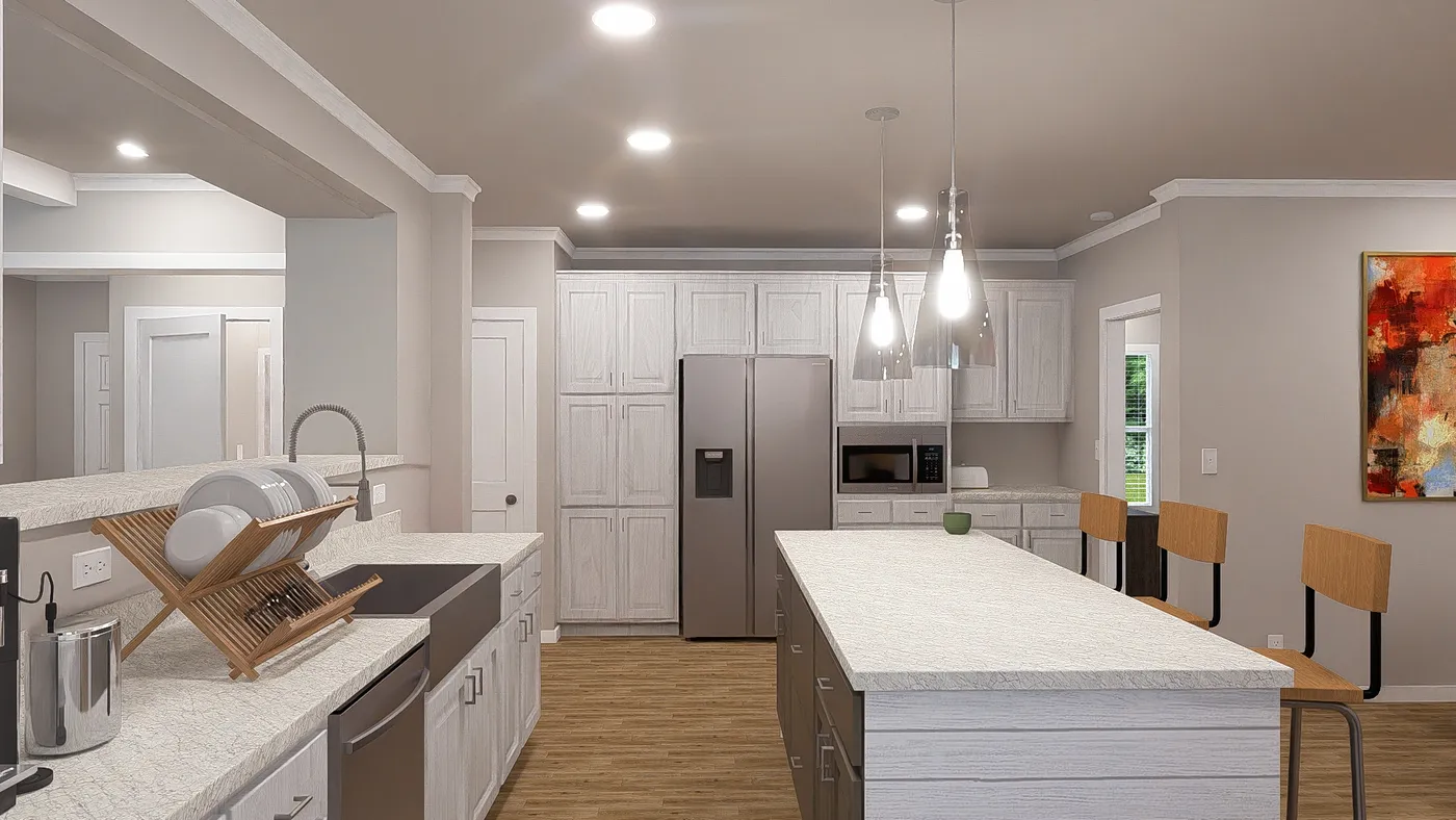The THE HEXAGON Kitchen. This Manufactured Mobile Home features 4 bedrooms and 3 baths.