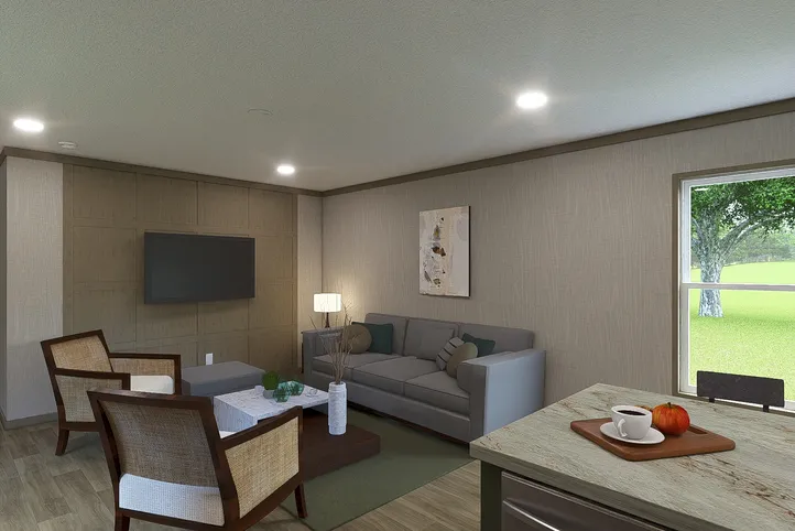 The SYDNEY Living Room. This Manufactured Mobile Home features 3 bedrooms and 2 baths.