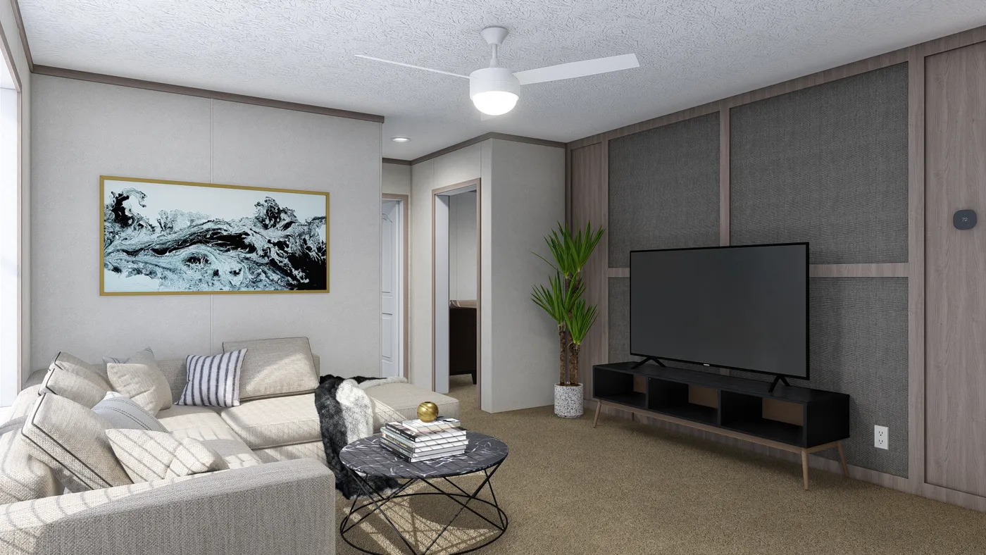 The 4824-E734 THE PULSE Living Room. This Manufactured Mobile Home features 3 bedrooms and 2 baths.