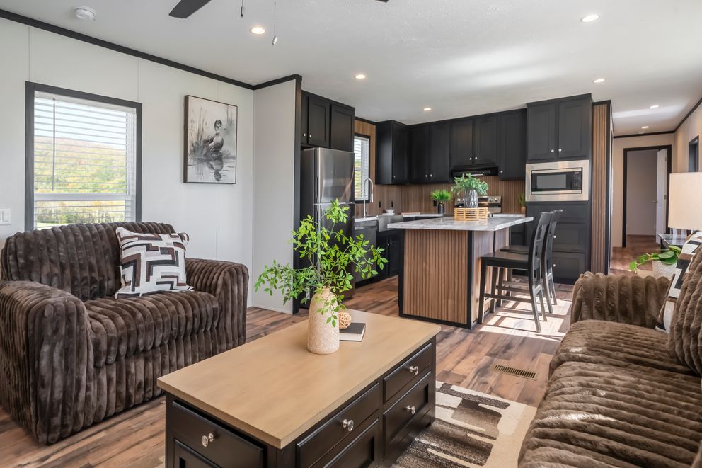 The RAVENWOOD Living Room. This Manufactured Mobile Home features 3 bedrooms and 2 baths.