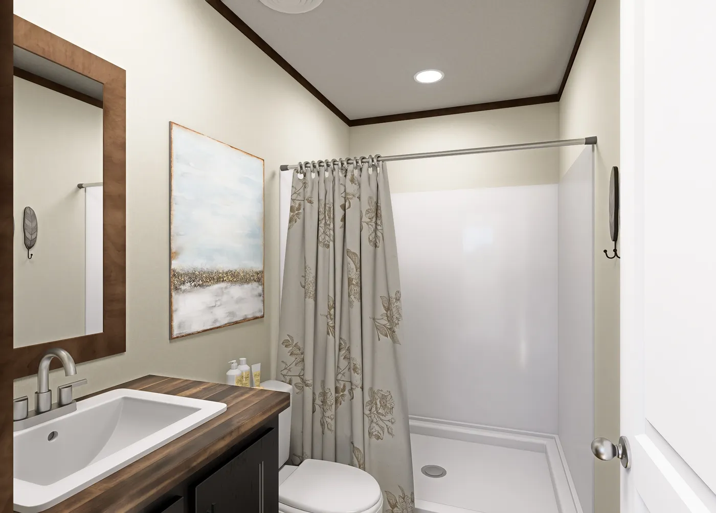 The POLO Primary Bathroom. This Manufactured Mobile Home features 2 bedrooms and 1 bath.
