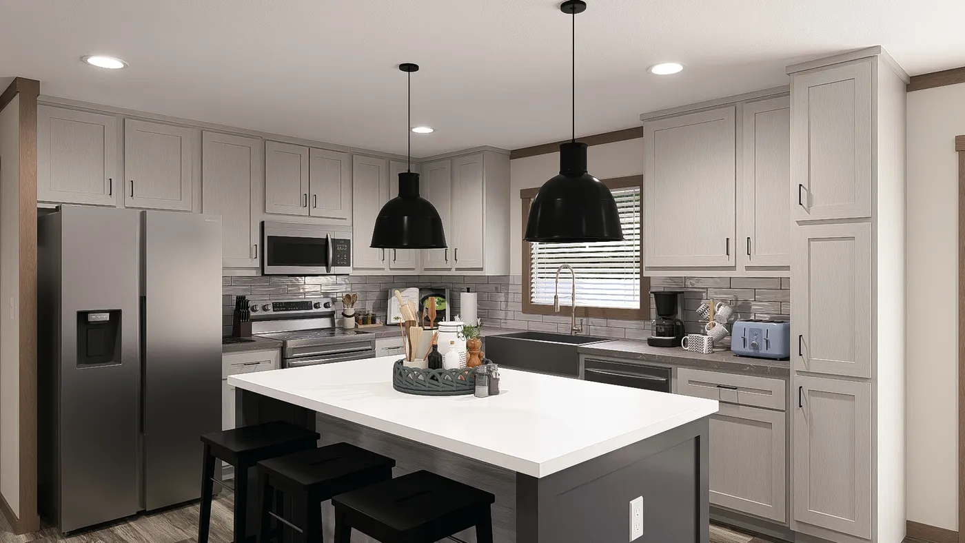 The SAWYER ELITE Kitchen. This Manufactured Mobile Home features 3 bedrooms and 2 baths.
