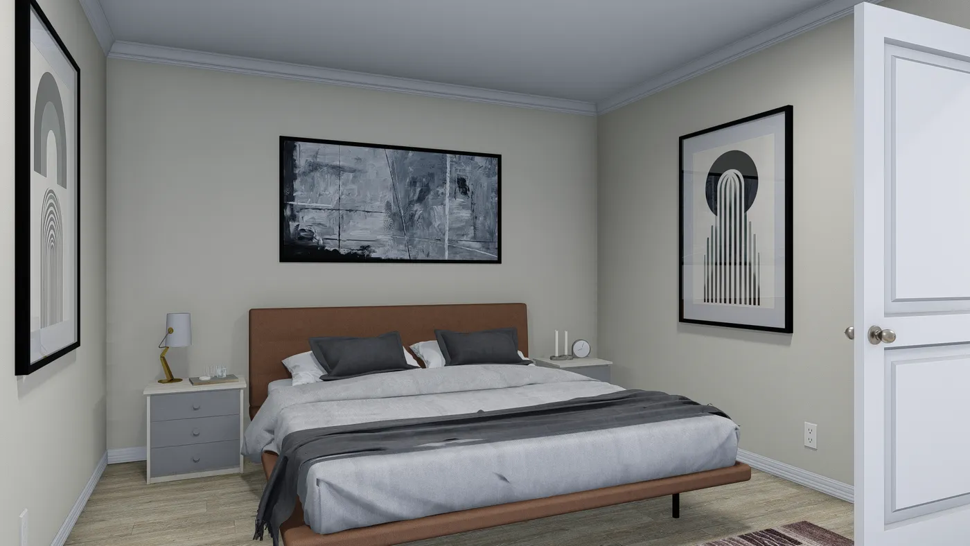 The 5404 "FONTANA" 7616 Primary Bedroom. This Manufactured Mobile Home features 3 bedrooms and 2 baths.