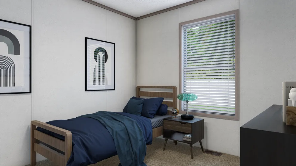 The 4028-E751 THE PULSE Guest Bedroom. This Manufactured Mobile Home features 3 bedrooms and 2 baths.