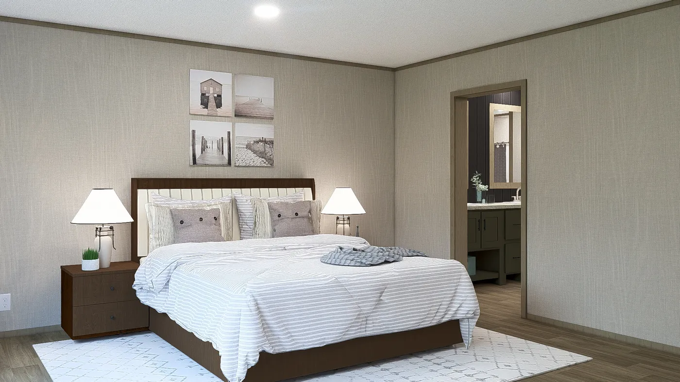 The EVEREST Primary Bedroom. This Manufactured Mobile Home features 4 bedrooms and 2 baths.