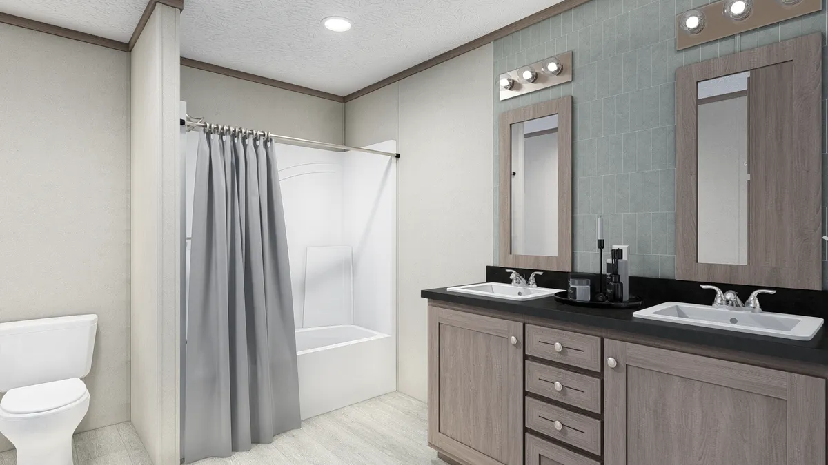The 5624-E734P THE PULSE Primary Bathroom. This Manufactured Mobile Home features 3 bedrooms and 2 baths.