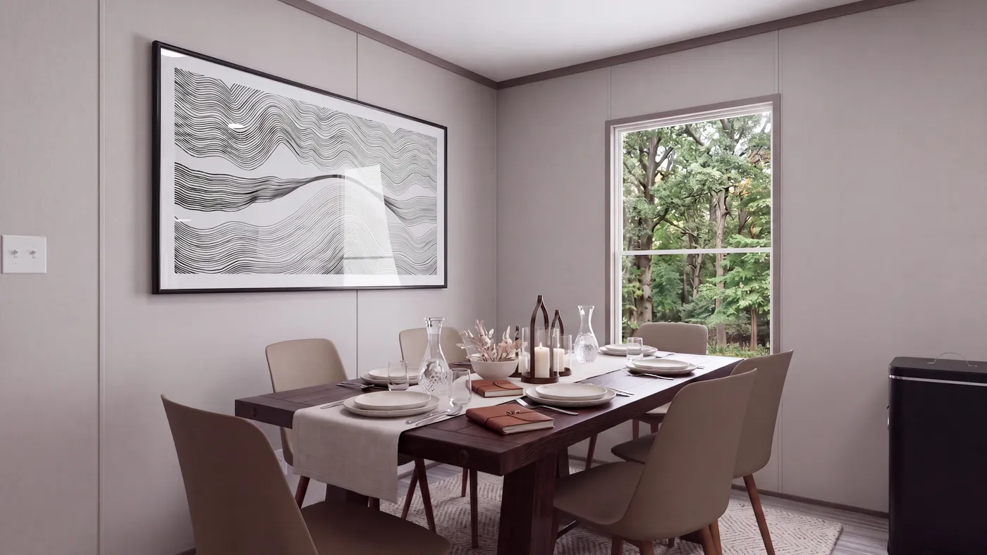The THE MOUNTAINEER 60 Dining Area. This Manufactured Mobile Home features 3 bedrooms and 2 baths.