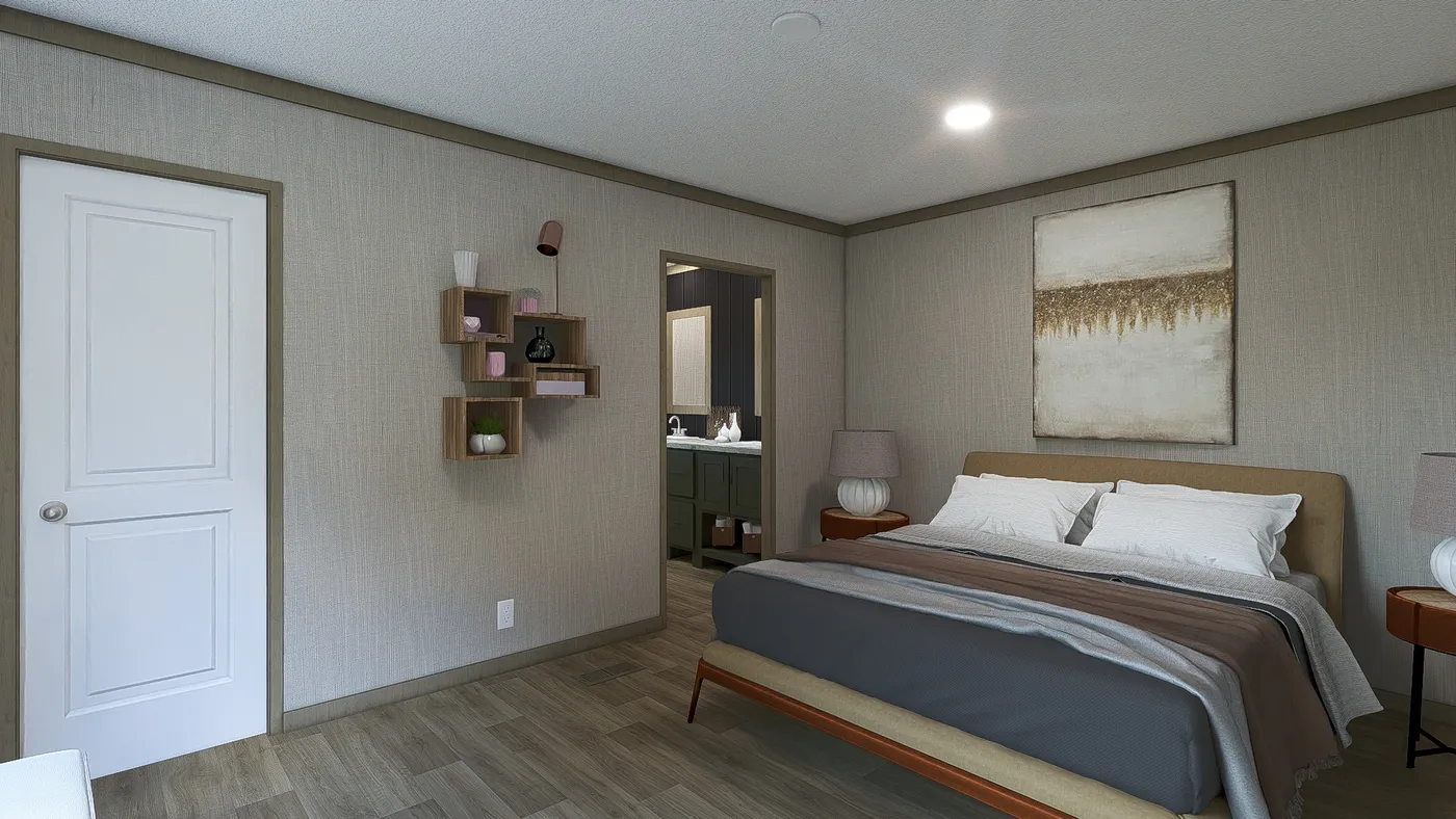 The SYDNEY Primary Bedroom. This Manufactured Mobile Home features 3 bedrooms and 2 baths.