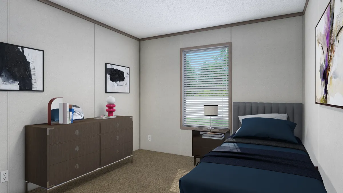 The 5628-E774P THE PULSE Guest Bedroom. This Manufactured Mobile Home features 3 bedrooms and 2 baths.