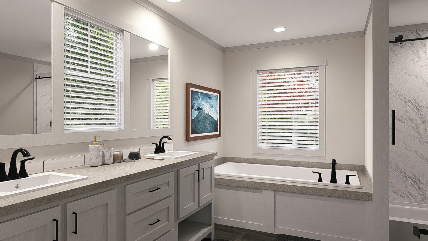 The FARM 3 FLEX DEN Primary Bathroom. This Manufactured Mobile Home features 3 bedrooms and 2 baths.