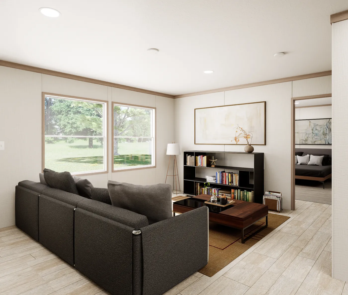 The ULTRA FLEX 60 Living Room. This Manufactured Mobile Home features 3 bedrooms and 2 baths.