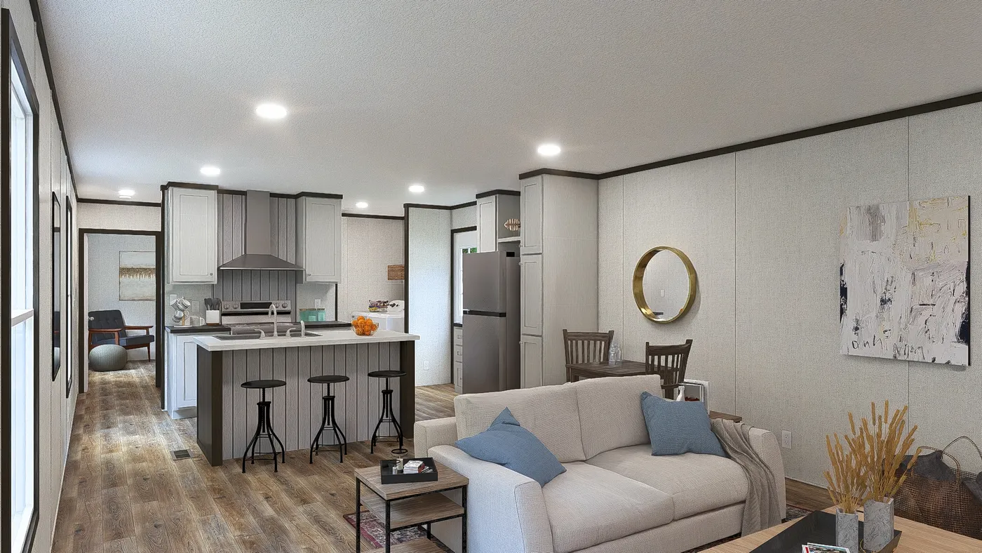 The ESSENCE Living Room. This Manufactured Mobile Home features 3 bedrooms and 2 baths.