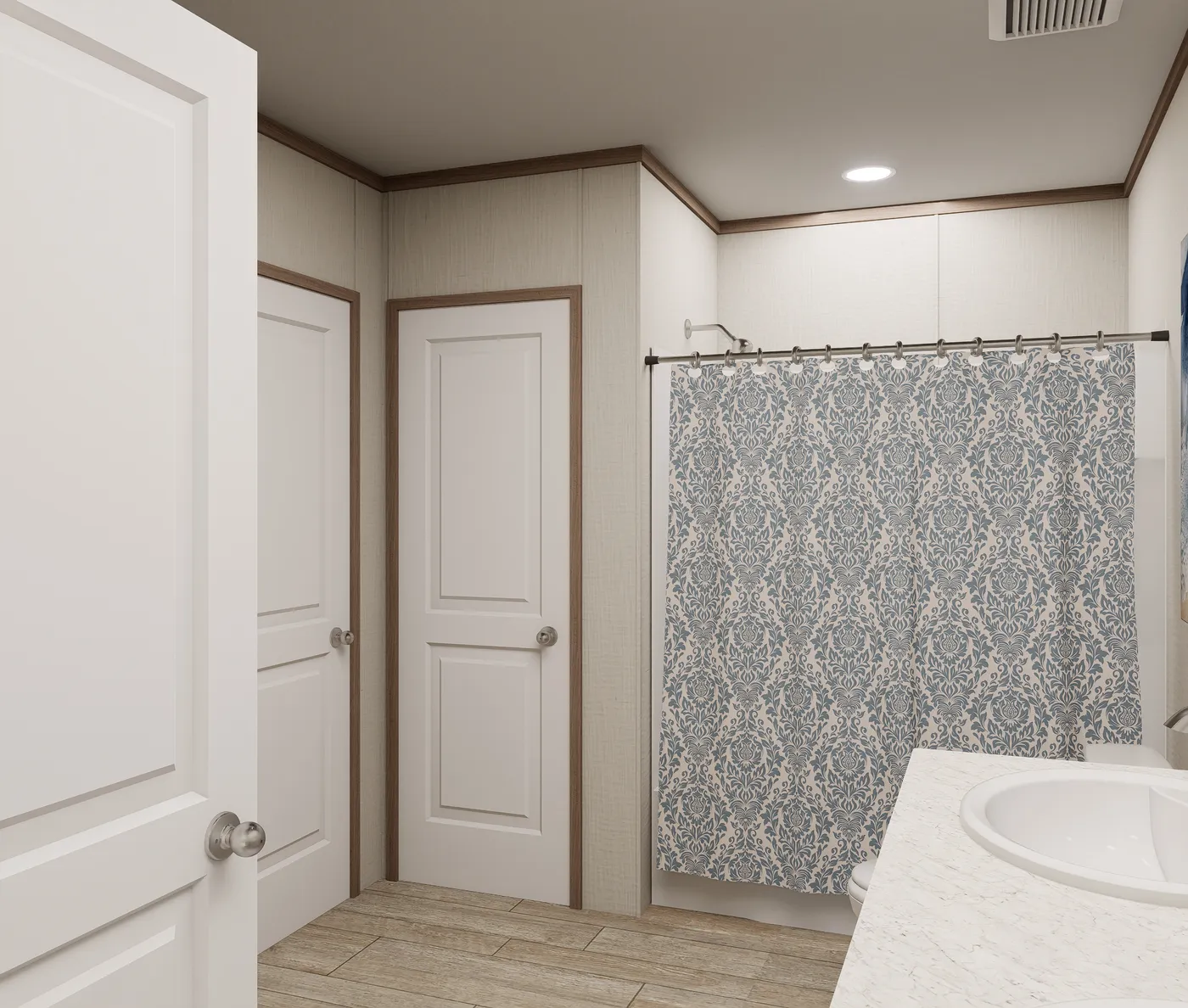 The ULTRA FLEX 60 Primary Bathroom. This Manufactured Mobile Home features 3 bedrooms and 2 baths.