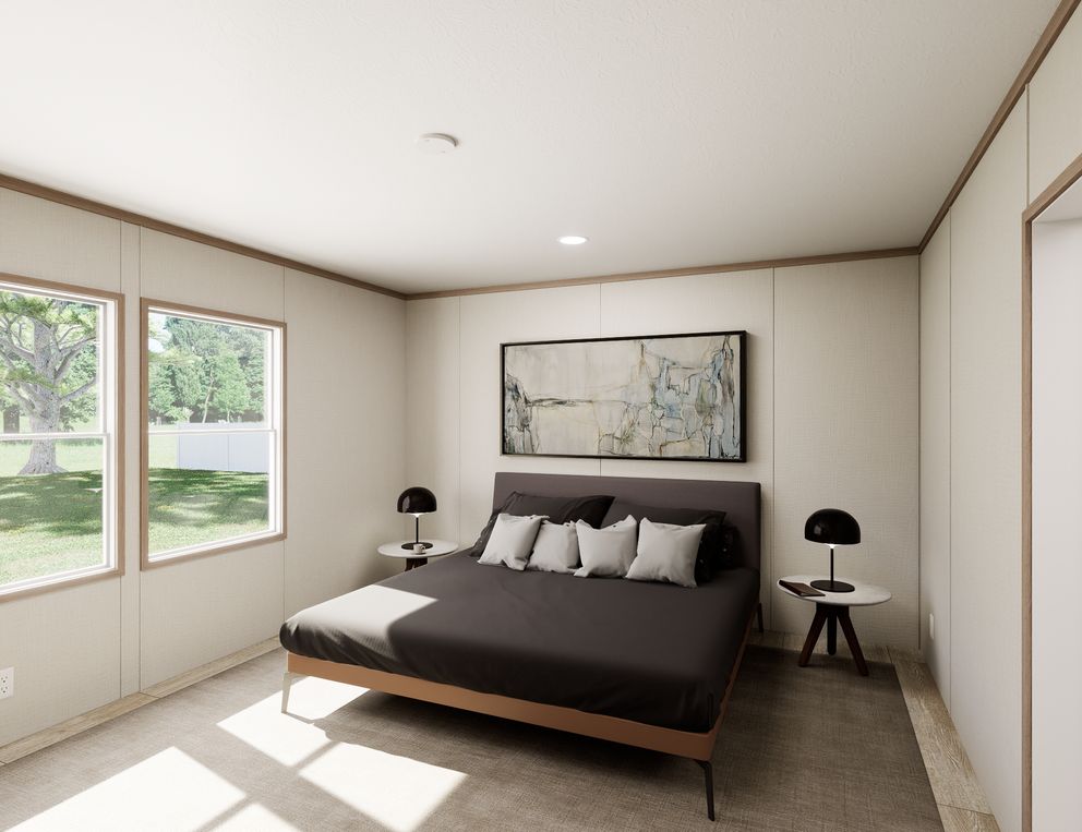 The ULTRA FLEX 60 Primary Bedroom. This Manufactured Mobile Home features 3 bedrooms and 2 baths.