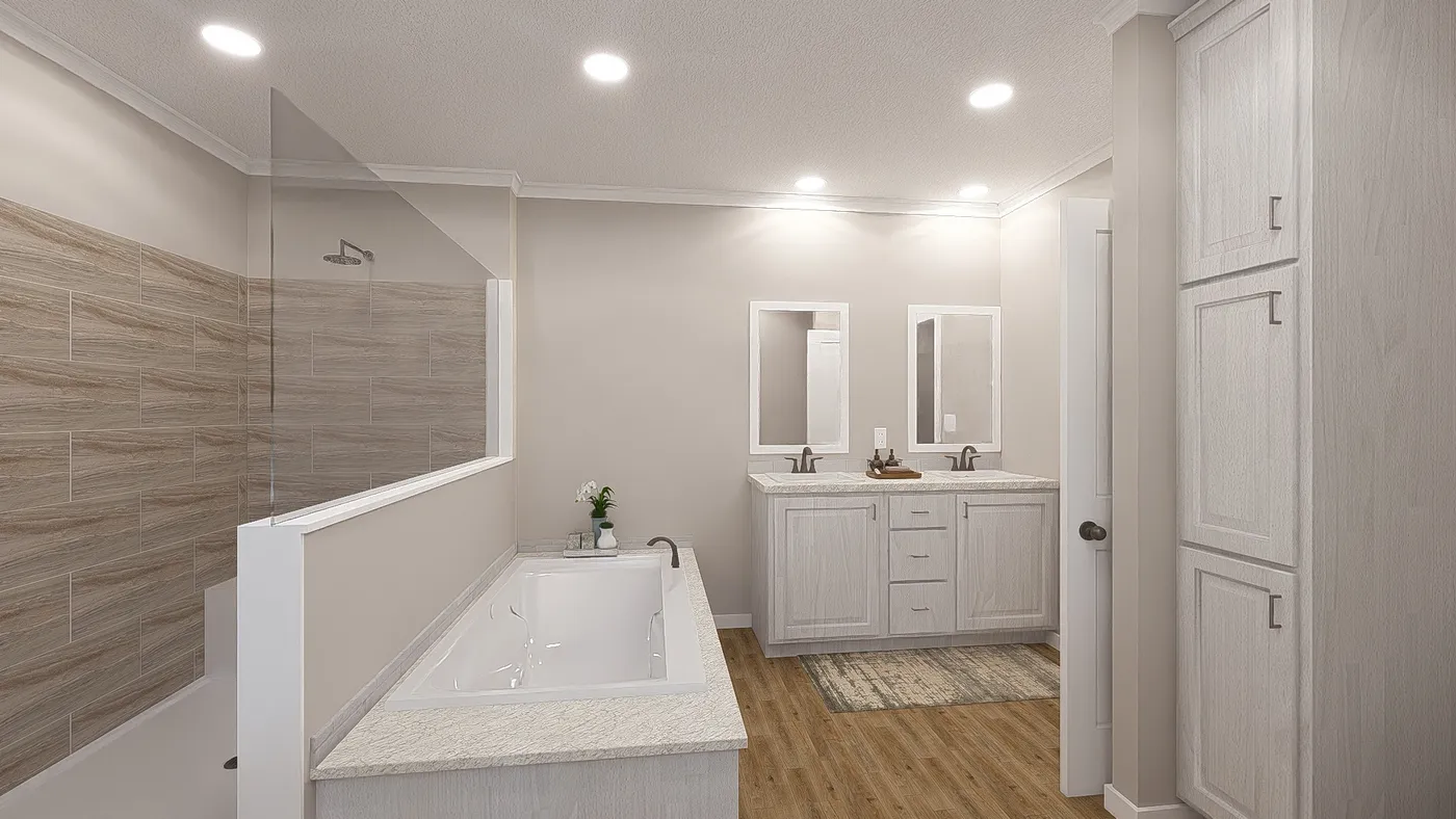 The THE HEXAGON Primary Bathroom. This Manufactured Mobile Home features 4 bedrooms and 3 baths.