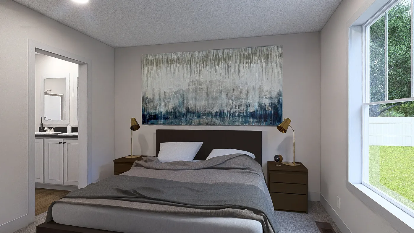 The RISING SUN Primary Bedroom. This Manufactured Mobile Home features 2 bedrooms and 2 baths.