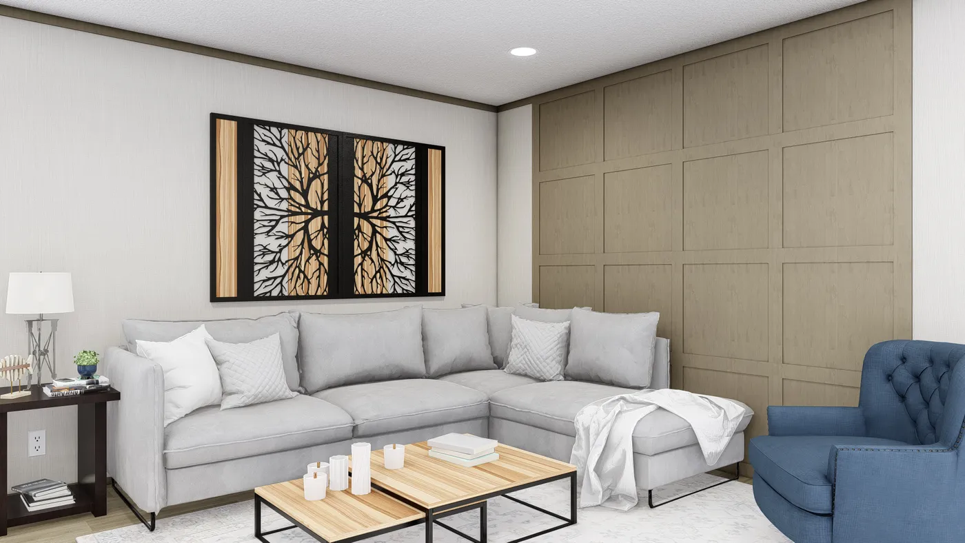 The LEWIS Living Room. This Manufactured Mobile Home features 2 bedrooms and 2 baths.