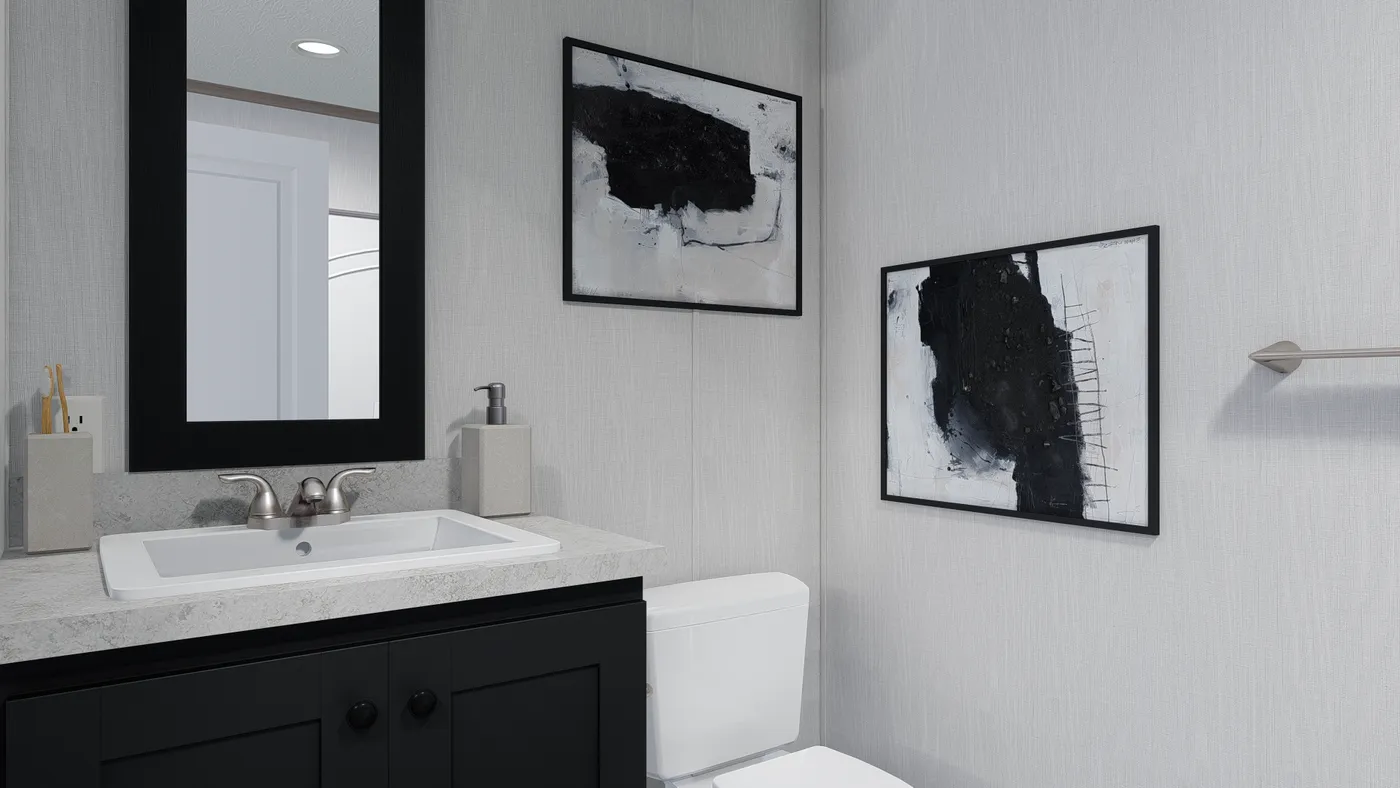 The 7616-4791 THE PULSE Primary Bathroom. This Manufactured Mobile Home features 3 bedrooms and 2 baths.
