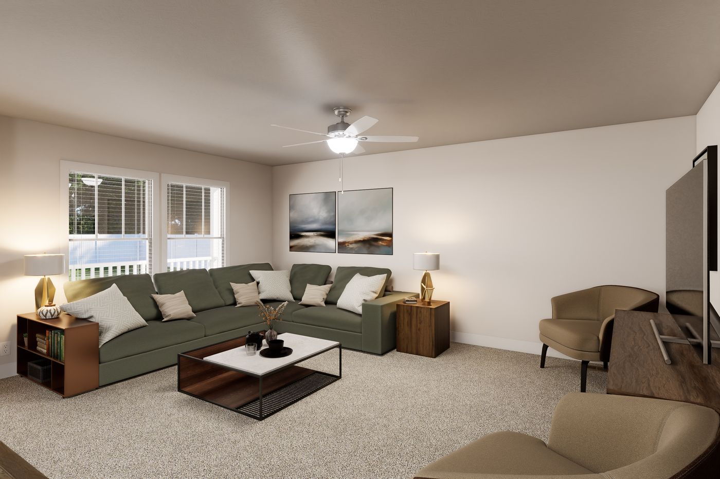 The 5628-MS068 CARMEL Living Room. This Manufactured Mobile Home features 3 bedrooms and 2 baths.