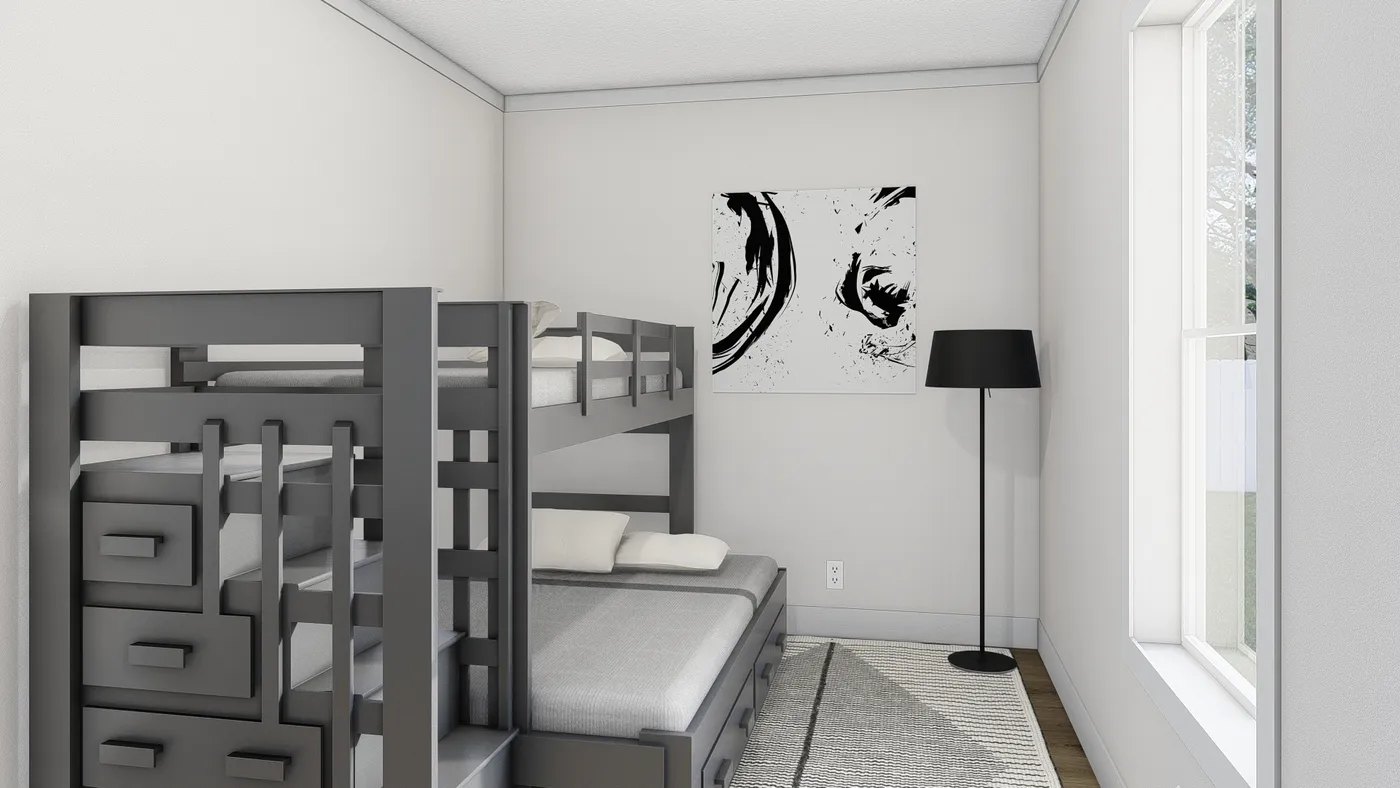 The BORN TO RUN Guest Bedroom. This Manufactured Mobile Home features 2 bedrooms and 2 baths.