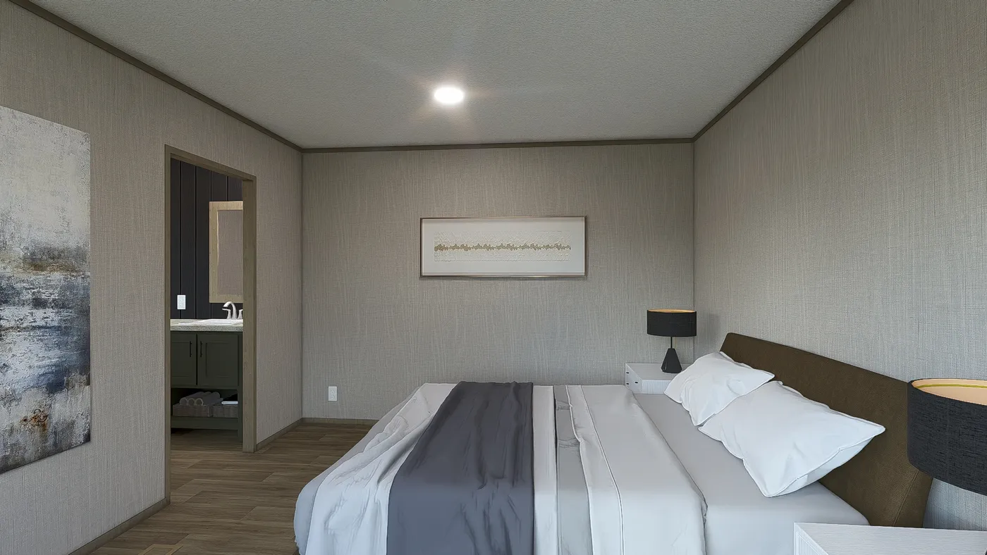 The TUSCANY Primary Bedroom. This Manufactured Mobile Home features 2 bedrooms and 2 baths.