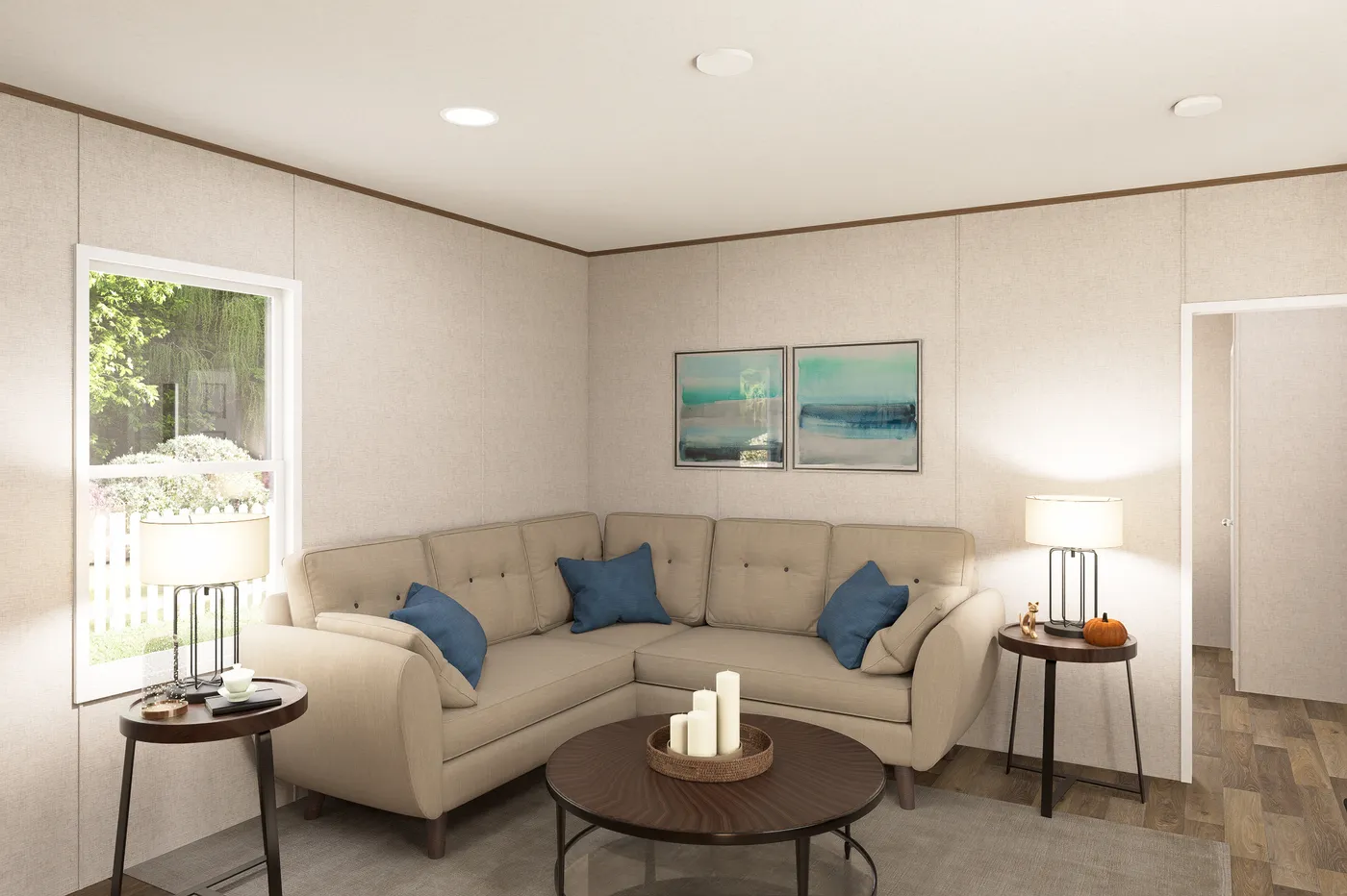 The ELM Living Room. This Manufactured Mobile Home features 2 bedrooms and 1 bath.