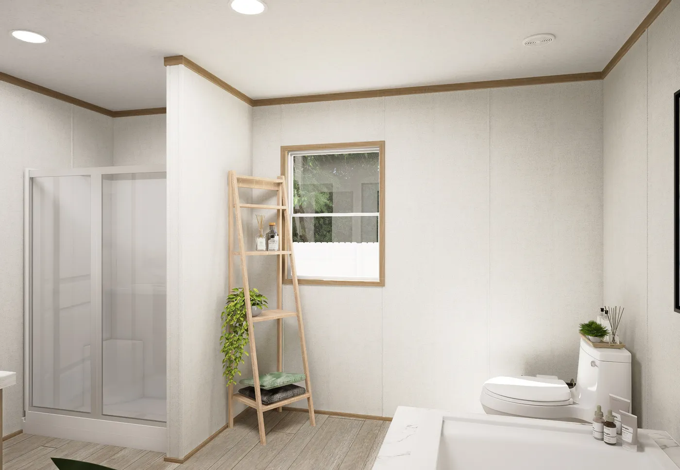 The THE MOUNTAINEER 68 Primary Bathroom. This Manufactured Mobile Home features 4 bedrooms and 2 baths.