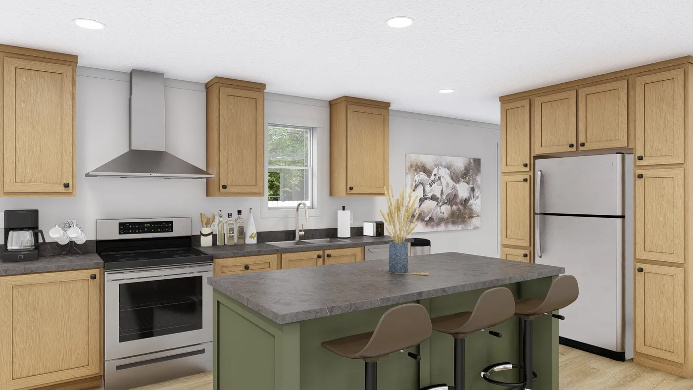 The JOHNNY B GOODE Kitchen. This Manufactured Mobile Home features 3 bedrooms and 2 baths.