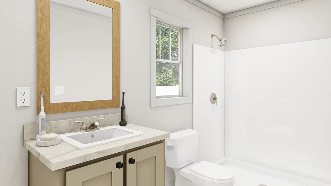 The RHYTHM NATION 6616 TEMPO Primary Bedroom. This Manufactured Mobile Home features 3 bedrooms and 2 baths.