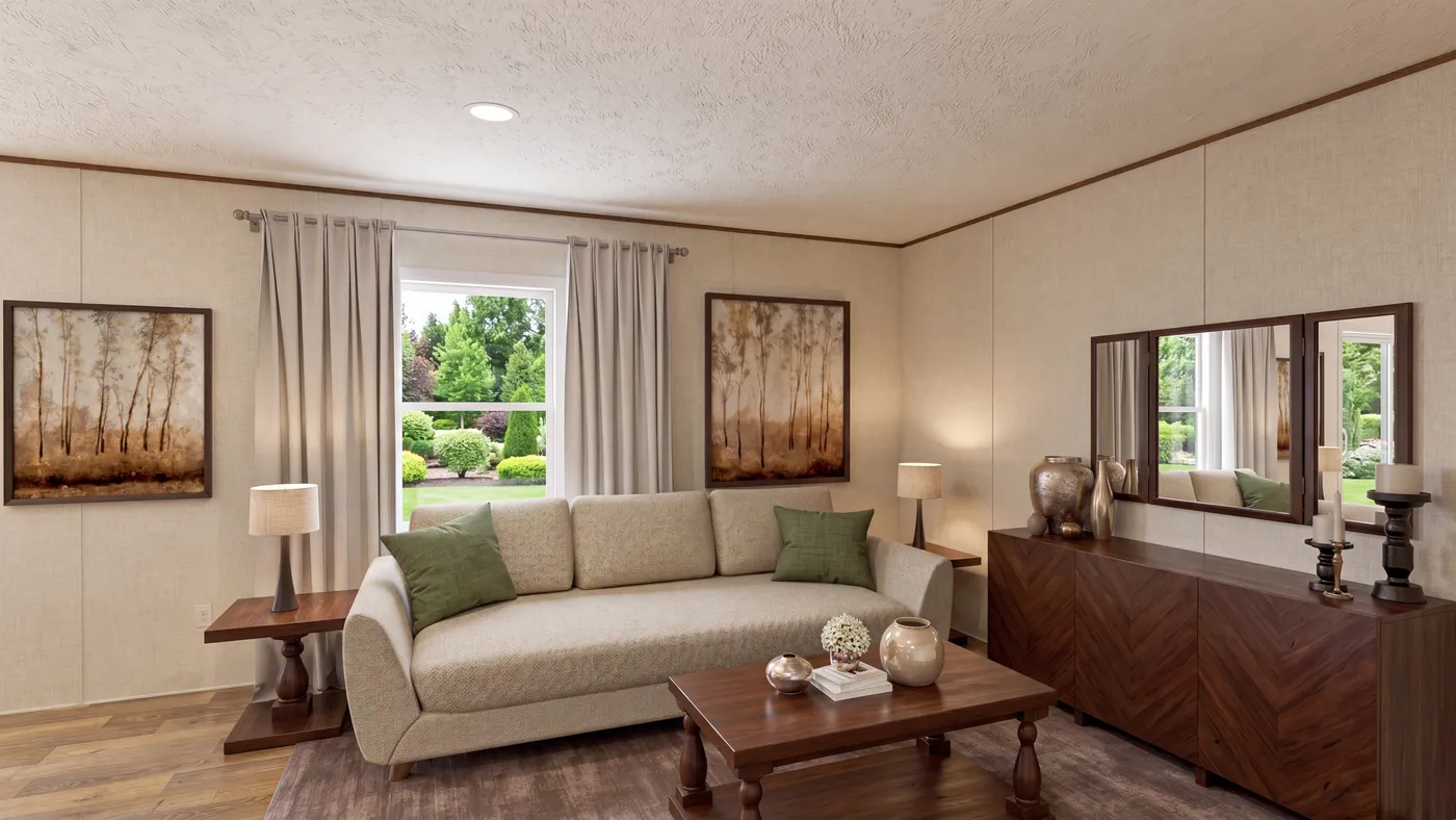 The BIRCH Living Room. This Manufactured Mobile Home features 3 bedrooms and 2 baths.
