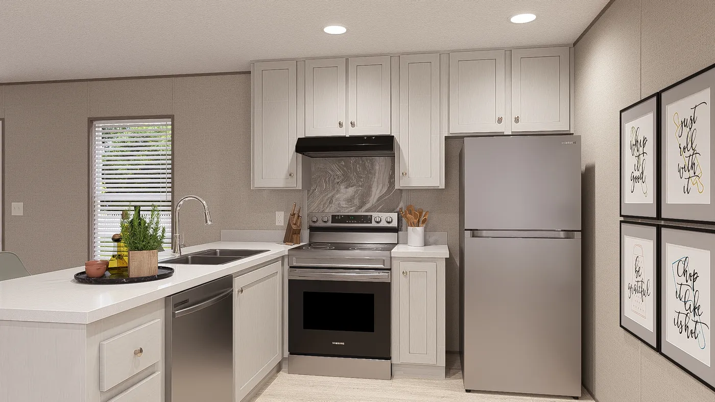 The BLAZER 48 A Kitchen. This Manufactured Mobile Home features 2 bedrooms and 1 bath.