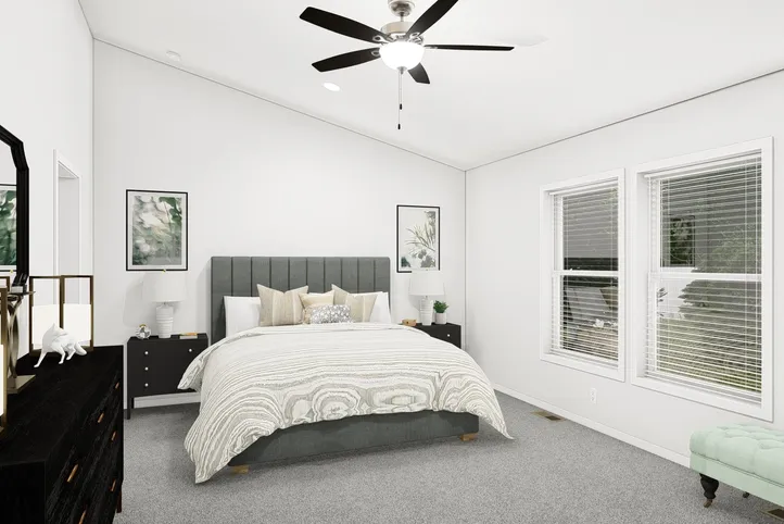 The ING564F SHASTA              GW Primary Bedroom. This Manufactured Mobile Home features 3 bedrooms and 2 baths.