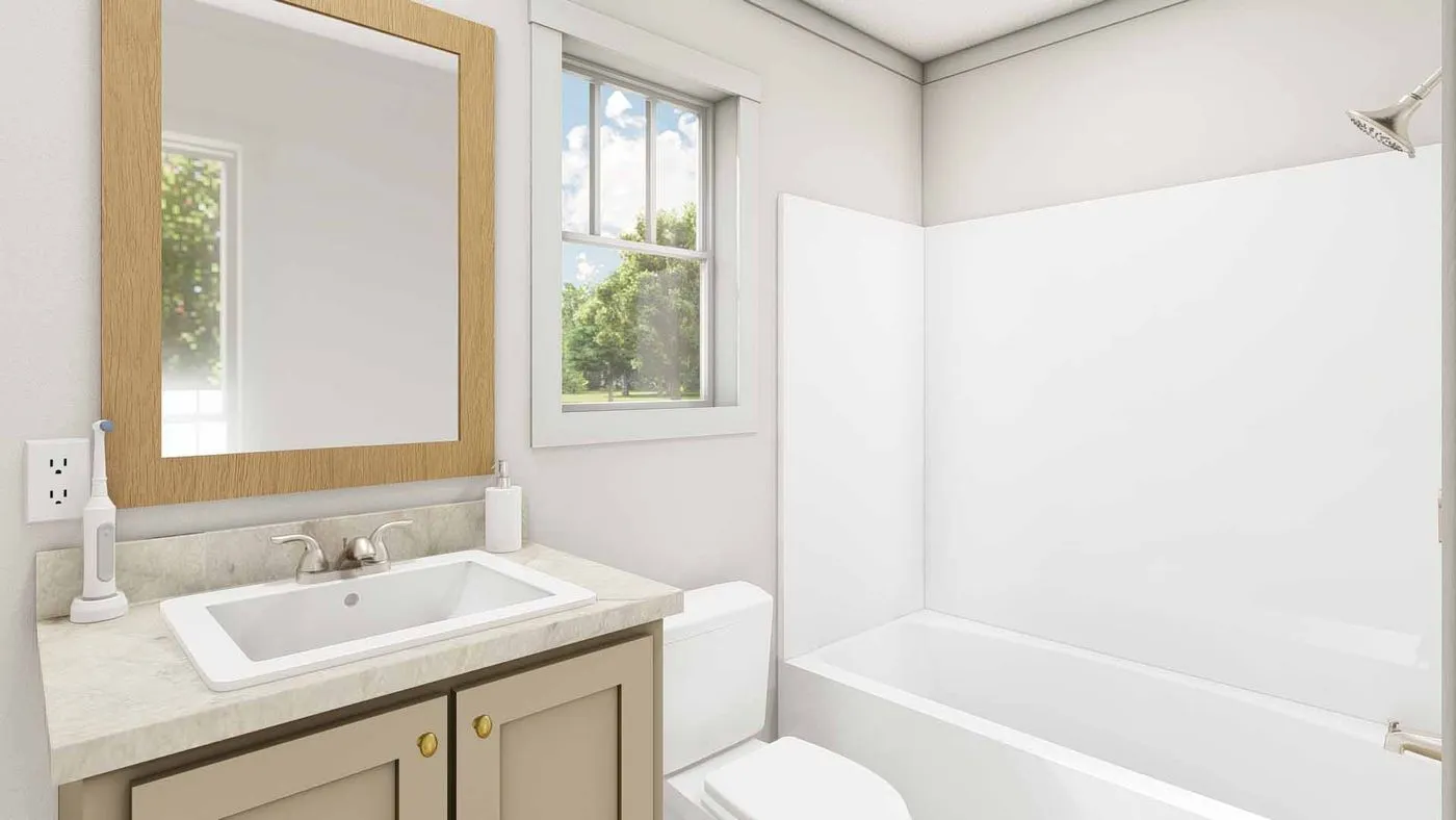 The IMAGINE Guest Bathroom. This Manufactured Mobile Home features 1 bedroom and 1 bath.